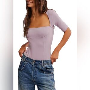 Free People Everly Lavender Square Neck Bodysuit Top NWT M L